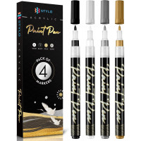 Stylo Metallic 0.7 mm acrylic marker set, 4 colors: black, gold, silver, white