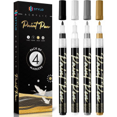 Stylo Metallic 0.7 mm acrylic marker set, 4 colors: black, gold, silver, white