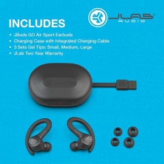 JLab Audio Go Air Sport wireless headphones with charging case, black.