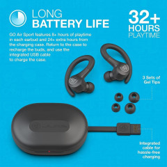 JLab Audio Go Air Sport wireless headphones with charging case, black.