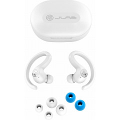 JLab JBuds Air Sport wireless earphones in white a charging case.