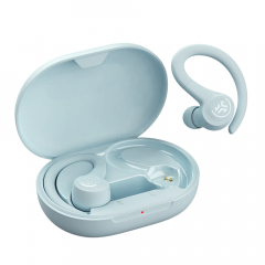 JLab JBuds Air Sport wireless earphones in white a charging case.