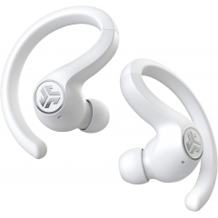 JLab JBuds Air Sport wireless earphones in white a charging case.