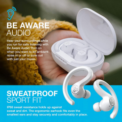 JLab JBuds Air Sport wireless earphones in white a charging case.
