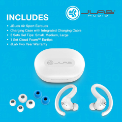 JLab JBuds Air Sport wireless earphones in white a charging case.