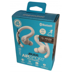 JLab JBuds Air Sport wireless earphones in white a charging case.