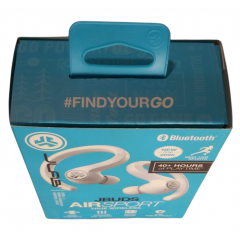 JLab JBuds Air Sport wireless earphones in white a charging case.