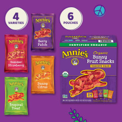 Annie's Homegrown Organic Bunny Fruit Snacks are organic fruit snacks in the shape of bunnies with various flavors (24 packs of 23g each).