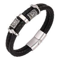 Handmade black leather and stainless steel Nordic Viking bracelet with double layer beads 22 cm